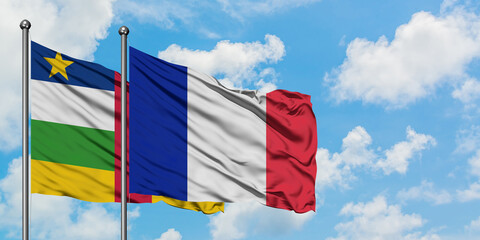Central African Republic and France flag waving in the wind against white cloudy blue sky together. Diplomacy concept, international relations.