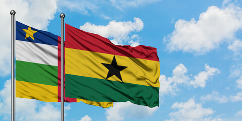 Central African Republic and Ghana flag waving in the wind against white cloudy blue sky together. Diplomacy concept, international relations.
