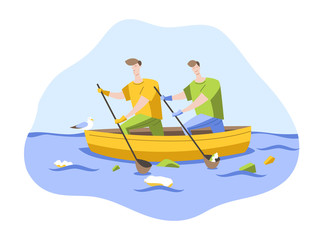 Volunteers on a boat clean up garbage in the ocean. Vector illustration in a flat style