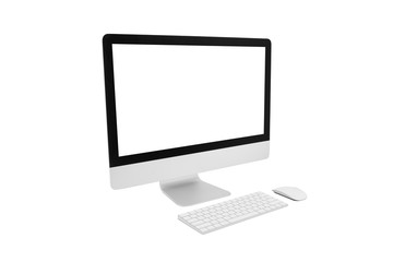 Perspective view desktop computer modern style with simplicity blank screen isolated on white background, monitor wide screen for work of business, hardware computer, object and technology concept.