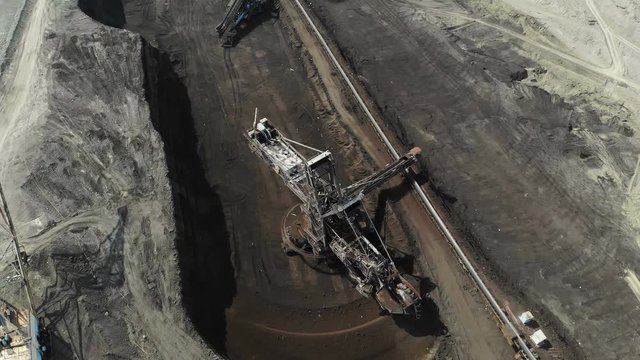 Coal mining at an open pit, aerial view
