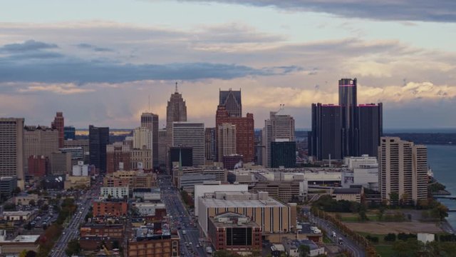 Detroit Michigan Aerial v128 Slow panning downtown cityscape - October 2017