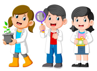 Three Kids Scientist Wearing White Laboratory Gown and Holding a Seedling, Magnifying Glass, Camera