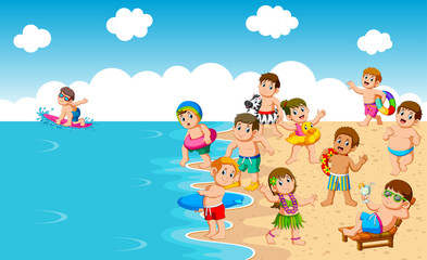 Obraz na płótnie Canvas Kids Playing At Beach and Sea