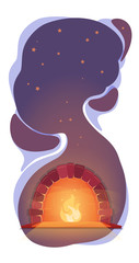 Relax Illustration fireplace under night stars. Warm Autumn background. Vector cosmos vertical banner. Cozy cold season concept. Dreaming Resting evening. Copy space Dark romantic Flat design.