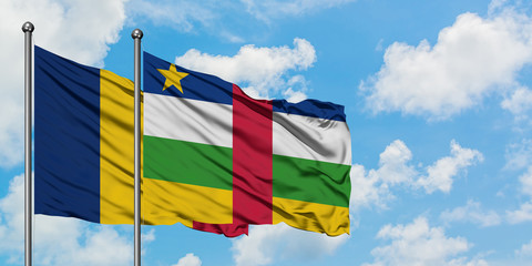 Chad and Central African Republic flag waving in the wind against white cloudy blue sky together. Diplomacy concept, international relations.