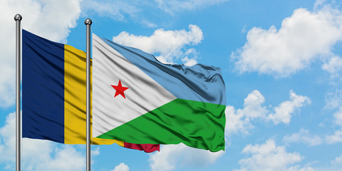 Chad and Djibouti flag waving in the wind against white cloudy blue sky together. Diplomacy concept, international relations.