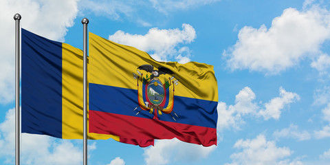 Chad and Ecuador flag waving in the wind against white cloudy blue sky together. Diplomacy concept, international relations.