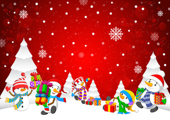 Winter Christmas Background with snowman and Gift Boxes