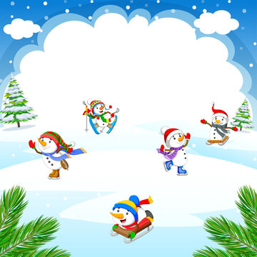 Winter Christmas Background with snowman playing ice skates, skiing, sleigh ride