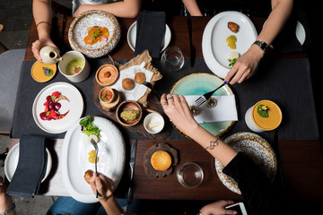 Top View Point of many plate Fusion Wood India Japanese mix herb style with canister for group of four people to share and enjoy as family, group work or best friends in celebrating or party time