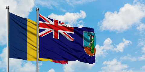 Chad and Montserrat flag waving in the wind against white cloudy blue sky together. Diplomacy...