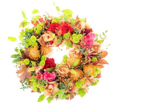 Flower arrangement : pincushions, cymbidium, ping-pong mum, carnation, gladiolus, stemona japonica, eucalyptus, hypericum, wild rose