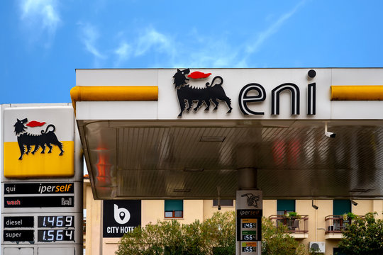 Bardolino, Italy - 10/31/2019: Eni S.p.A. in german Agip is an Italian multinational oil and gas company headquartered in Rome. The service station is in Bardolino, Italy