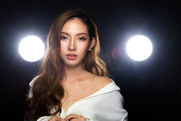 20s Asian Beautiful woman Blonde Brown dying color Curly style Hair wear White shirt smile look to...