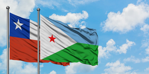 Chile and Djibouti flag waving in the wind against white cloudy blue sky together. Diplomacy concept, international relations.