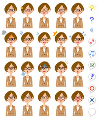 眼鏡をかけたビジネスウーマンの20種類の表情と上半身