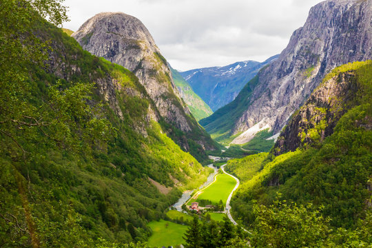 Stunning view from the Stalheimskleiva Road in Stalheim, Norway, one of the steepest roads in Northern Europe, built during 1842-1846.