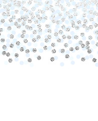 Silver glitter and blue circles border on white background.