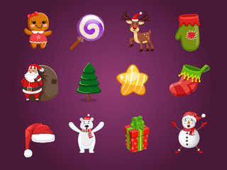 Set of Christmas icons. Celebration event for Merry Christmas and New Year. Vector clipart illustration on color background