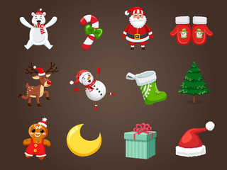 Set of Christmas icons. Celebration event for Merry Christmas and New Year. Vector clipart illustration on color background