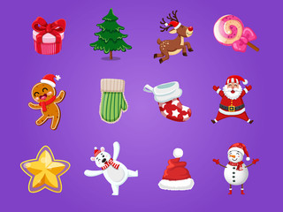 Set of Christmas icons. Celebration event for Merry Christmas and New Year. Vector clipart illustration on color background
