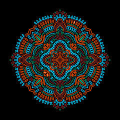 Graphic round mandala abstract isolated in black background.Boho indian shape.Ethnic oriental style.