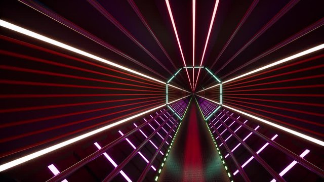 Neon cyberspace tunnel 3d footage. Abstract motion graphic animation. Colorful fluorescent violet shining arch video. Futuristic hexagonal corridor. Video game graphic. Scifi interior