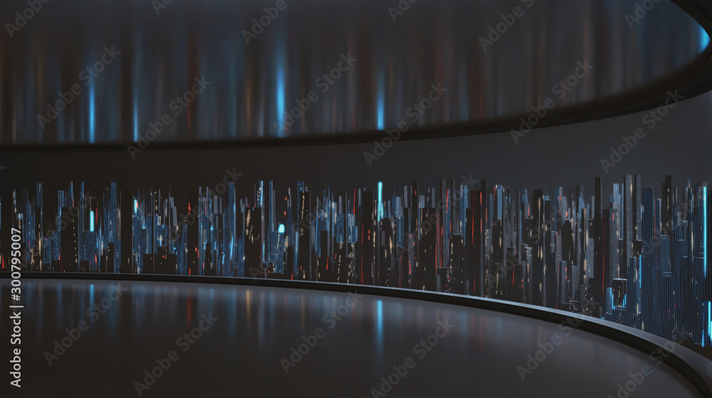 Poster 3d rendering of wide angle view of abstract digital city from large empty window panel room. led lig