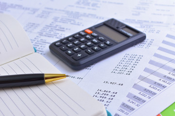 Pen, calculator and account reports. Business and finance concepts