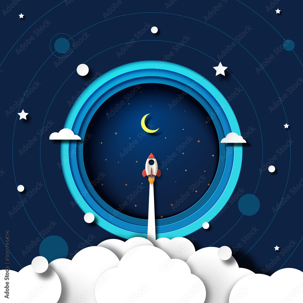 Aufkleber Paper art of rocket ship launch explore to galaxy outer space template background.Vector illustration.