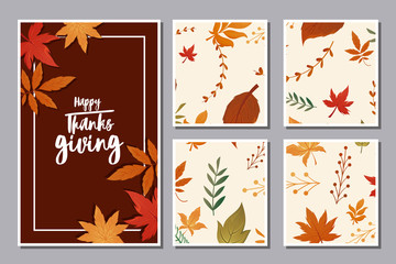 Fototapeta na wymiar set of cards with label happy thanksgiving and autumn leaves