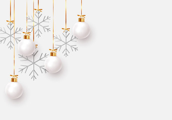 Christmas balls background. Hanging white Xmas decorative bauble, 3d silver metallic snowflakes on the ribbon. Festive vector realistic decor ornaments