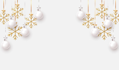 Christmas balls background. Hanging white Xmas decorative bauble, 3d golden metallic snowflakes on the ribbon. Festive vector realistic decor ornaments