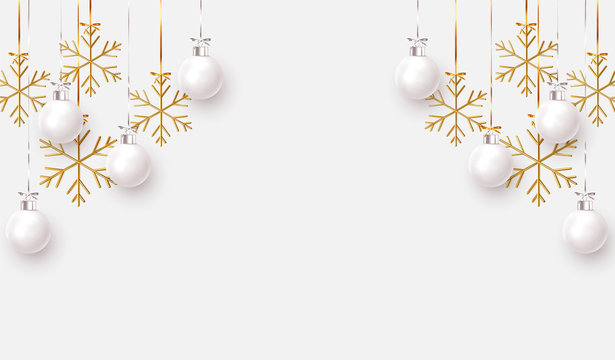 Christmas balls background. Hanging white Xmas decorative bauble, 3d golden metallic snowflakes on the ribbon. Festive vector realistic decor ornaments