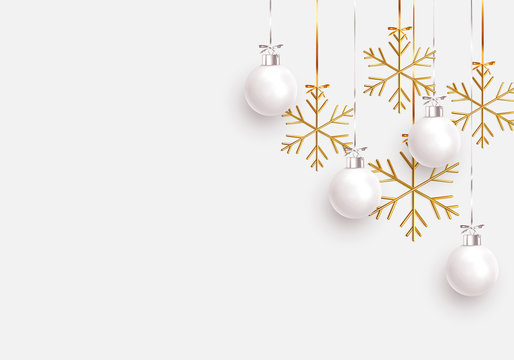 Christmas balls background. Hanging white Xmas decorative bauble, 3d golden metallic snowflakes on the ribbon. Festive vector realistic decor ornaments