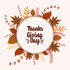 card with label happy thanksgiving and autumn leaves