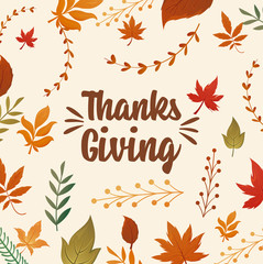 Fototapeta na wymiar card with label happy thanksgiving and autumn leaves