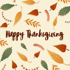 card with label happy thanksgiving and autumn leaves