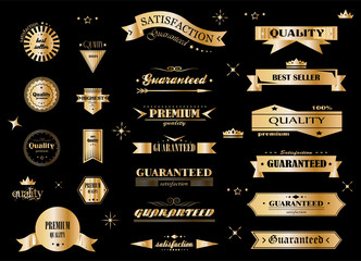 Retro Banner And Ribbon Design Elements. Retro Gold Banners And Labels In Vintage Style Isolated On Black. Vintage Vector Set For Ribbon Logo, Label, Banner And Hipster Design.Logo for Business Badges