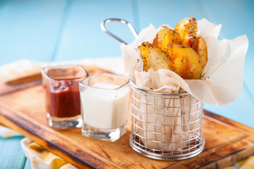 Roast potatoes in a bucket on a wooden background. Selective focus. Copy space.