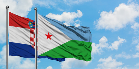Croatia and Djibouti flag waving in the wind against white cloudy blue sky together. Diplomacy...