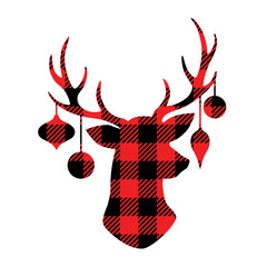 Reindeer with Christmas ornaments hanging from the antlers. Christmas buffalo plaid reindeer vector illustration. © JungleOutThere