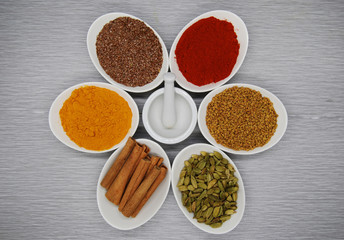 Obraz na płótnie Canvas Healthy Spices Flax Seed, Chili Powder, Fenugreek, Turmeric, Cardamom, and Cinnamon overhead
