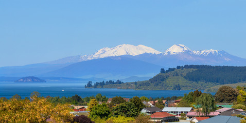 Lake Taupo and snow capped volcanoes, New Zealand