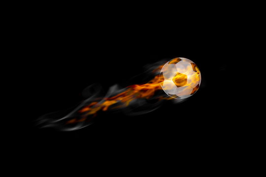 Soccer ball movement with smoke and flame isolated on black background