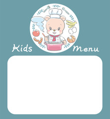 Cute baby bear cooking. Illustration with blank space. Vector illustration for Kids menu, ad, baby wear design or other use.
