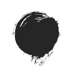 Black paintbrush round spot for creative design. Abstract painted object isolated on white background. Dirty texture ink brush blot. Grungy sticker template for advertising message.