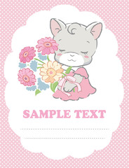 Cute kitten holding a bouquet. Vector illustration for invitation card, birthday card, baby wear design or other use.