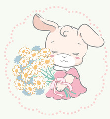 Cute rabbit holding a bouquet. Vector illustration for invitation card, birthday card, baby wear design or other use.
